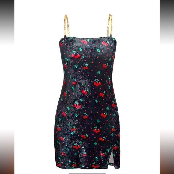 🍒🍒🍒Cherry print  Velvet lightweight, high stretch chainlink strap dress says - Picture 1 of 8